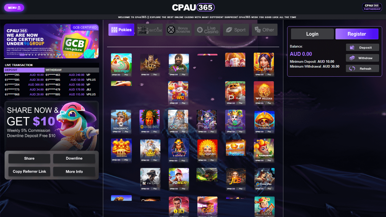 CPAU365 pokies library screenshot